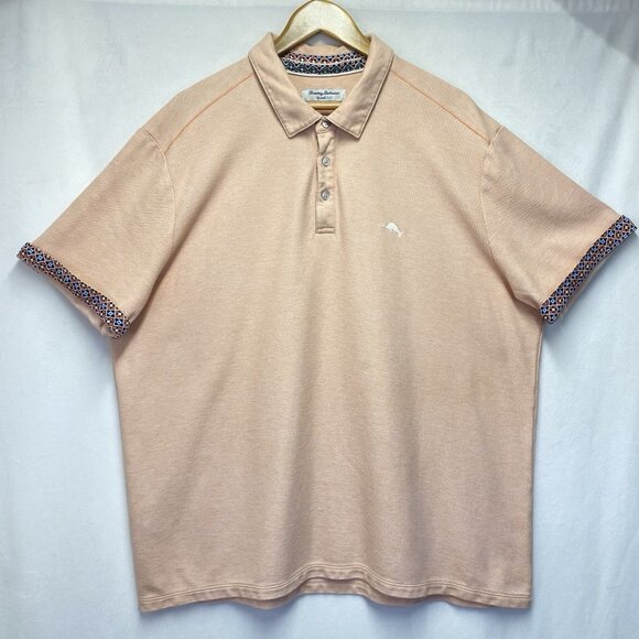 Tommy Bahama Island Zone Polo Shirt Mens XXL Salmon Patterned Collar & Cuffs - Picture 1 of 12